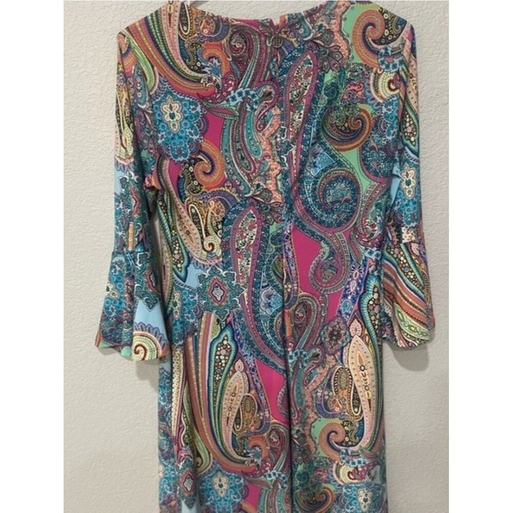 Tommy Hilfiger Dress Size 4 Blue Pink Paisley 3/4 Bell Sleeve Knee Length - Picture 3 of 4